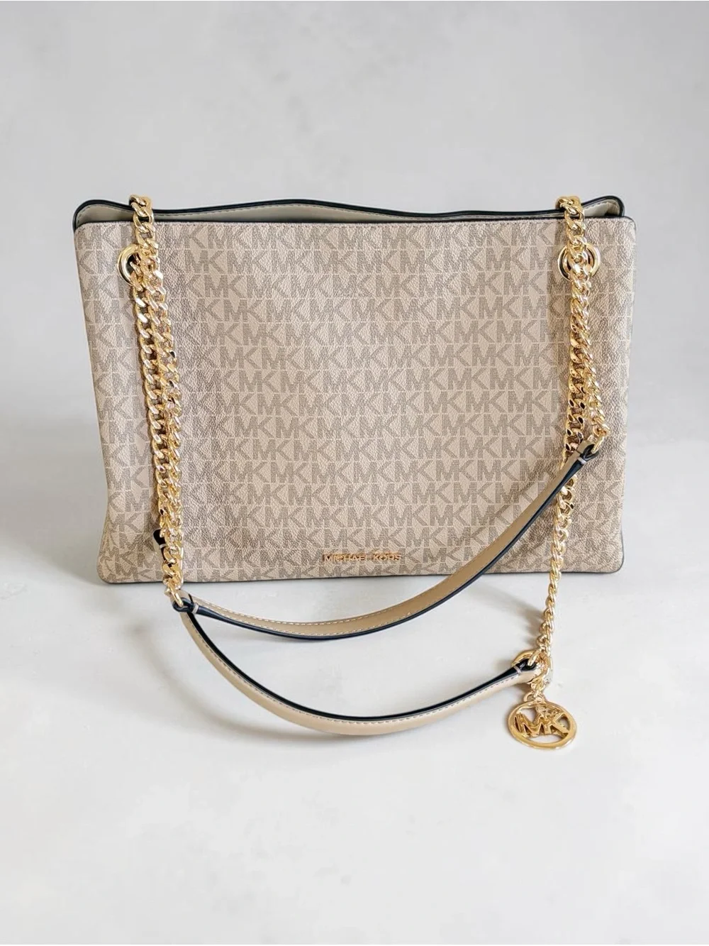 Michael Kors Beige Signature MK Chain-Handle Shoulder Bag